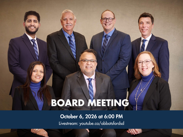 Board of Education, portrait image with text that reads "Board Meeting, October 6, 2026 at 6:00pm) along with the youtube link to join livestream.